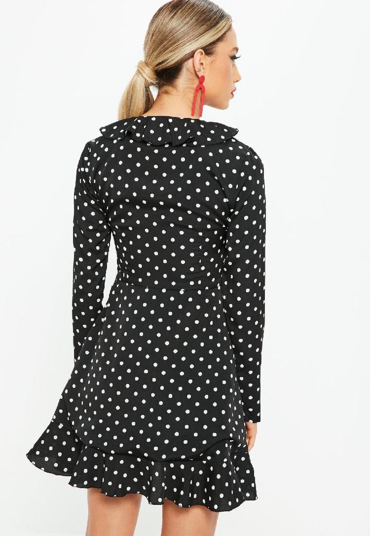 Black polka dot ruffle tea dress back