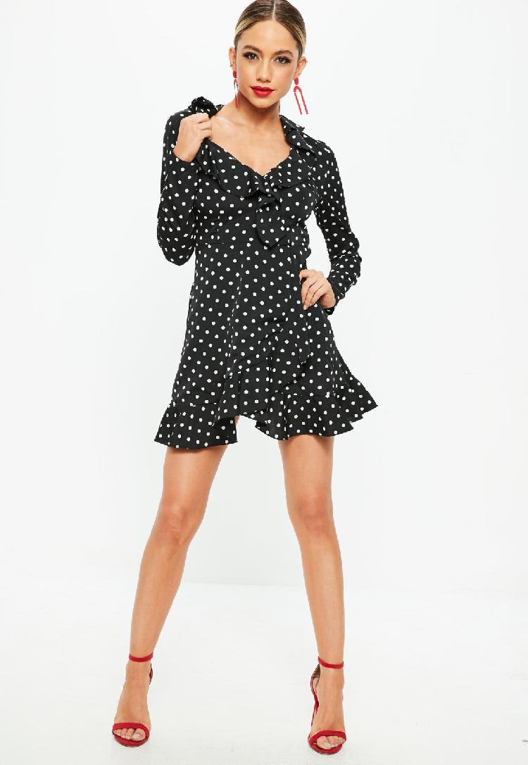 Black polka dot ruffle tea dress front