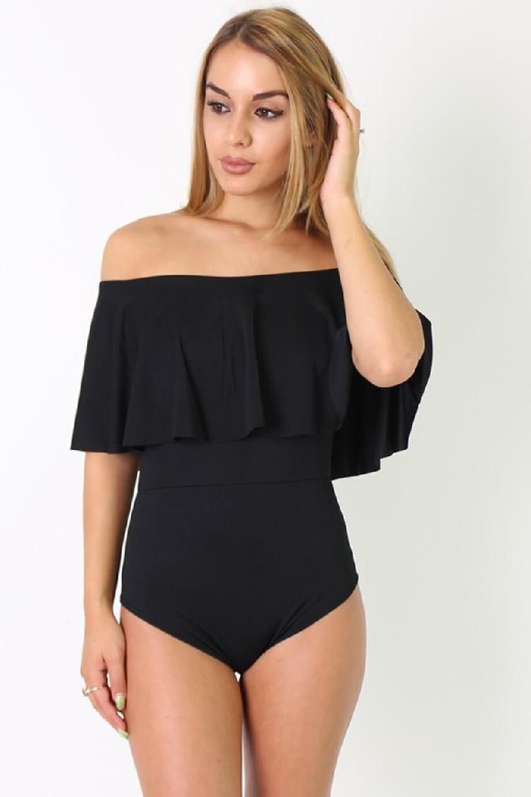 Black Bardot Fril Bodysuit