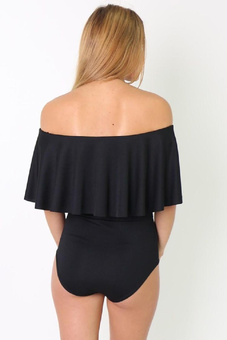 Black Bardot Fril Bodysuit Back View