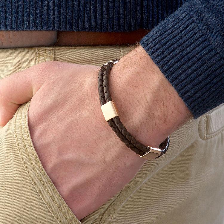 Gold Plated Stainless Steel and Brown Leather Men's Bracelet