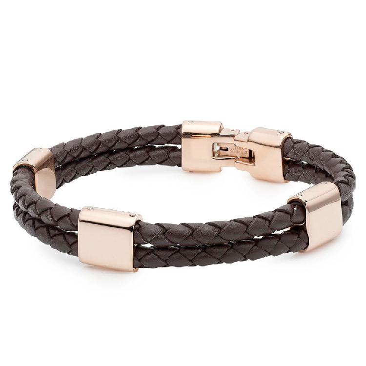 Gold Plated Stainless Steel and Brown Leather Men's Bracelet