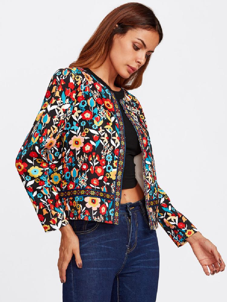 Press button placket botanical jacket front left side