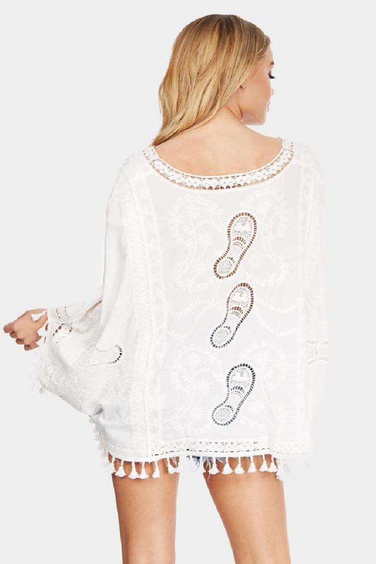White Oversized Crochet Top With Tassel Hem Back View