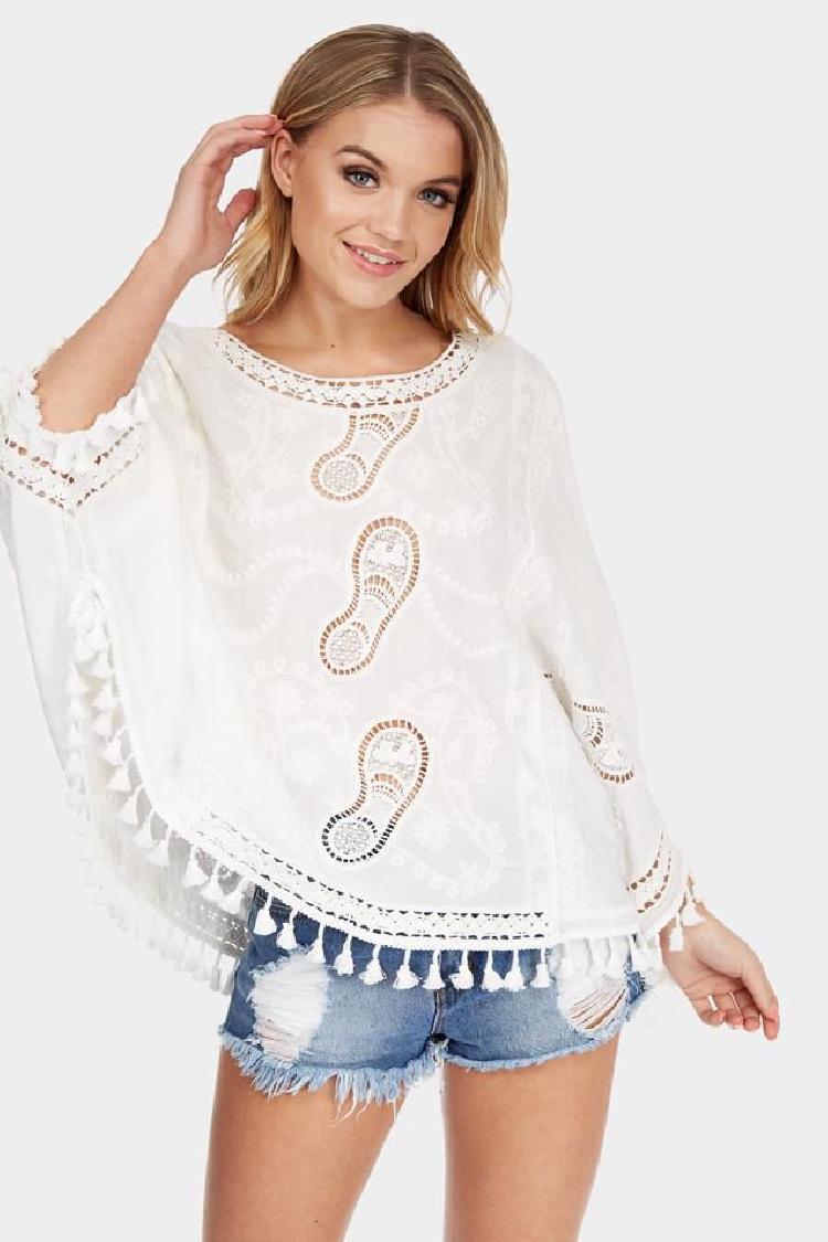 White Oversized Crochet Top With Tassel Hem