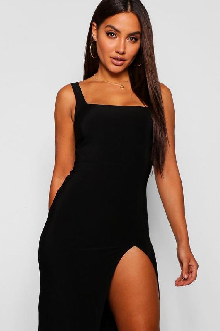 Black yaz double slinky square neck split midi dress