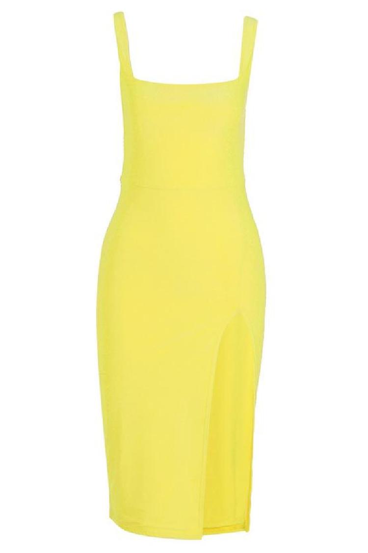 Yellow yaz double slinky square neck split midi dress
