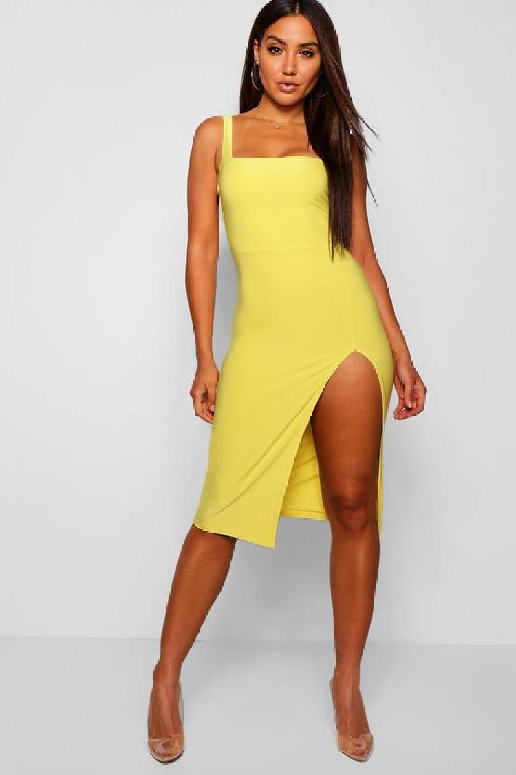 Yellow yaz double slinky square neck split midi dress